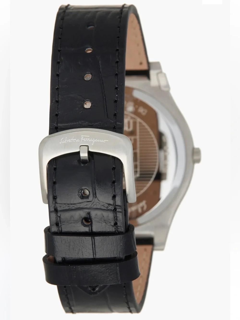 Salvatore Ferragamo Silver Case White Dial Black Leather Strap Watch